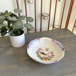 Vintage Floral Porcelain Serving Bowl Pheasants Scalloped Edge Made in Germany